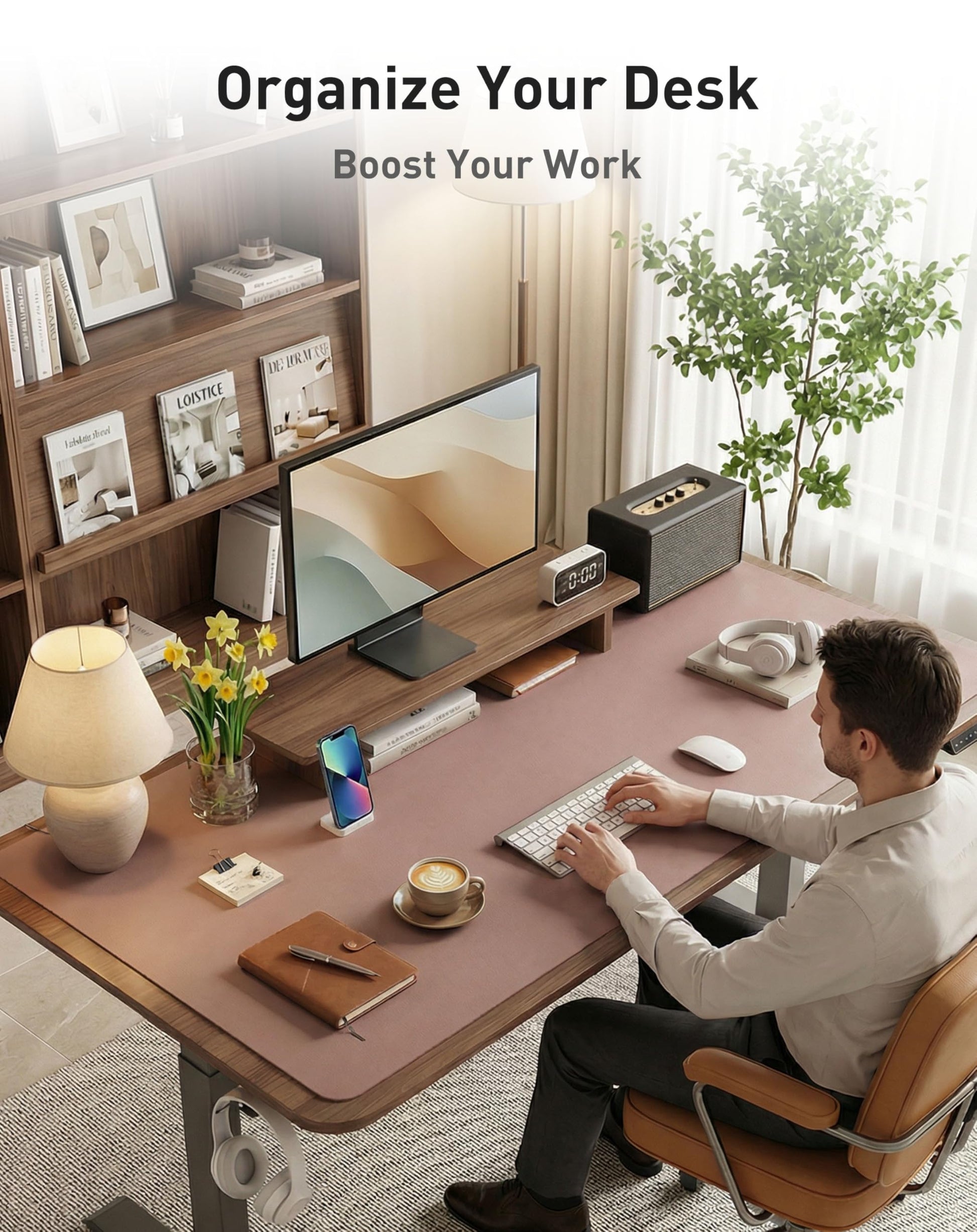 Aothia Faux Leather Desk Mat - Large Mouse Pad, Non-Slip PU Leather Blotter, Waterproof Writing