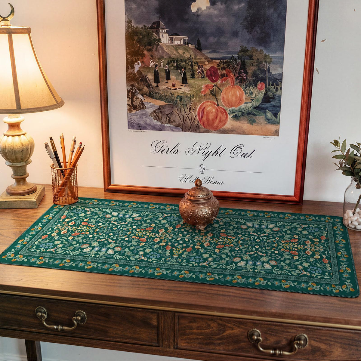 iCasso Aesthetic Floral Desk Mat,Retro Mouse Pads,31.5x11.8in,Deep Green