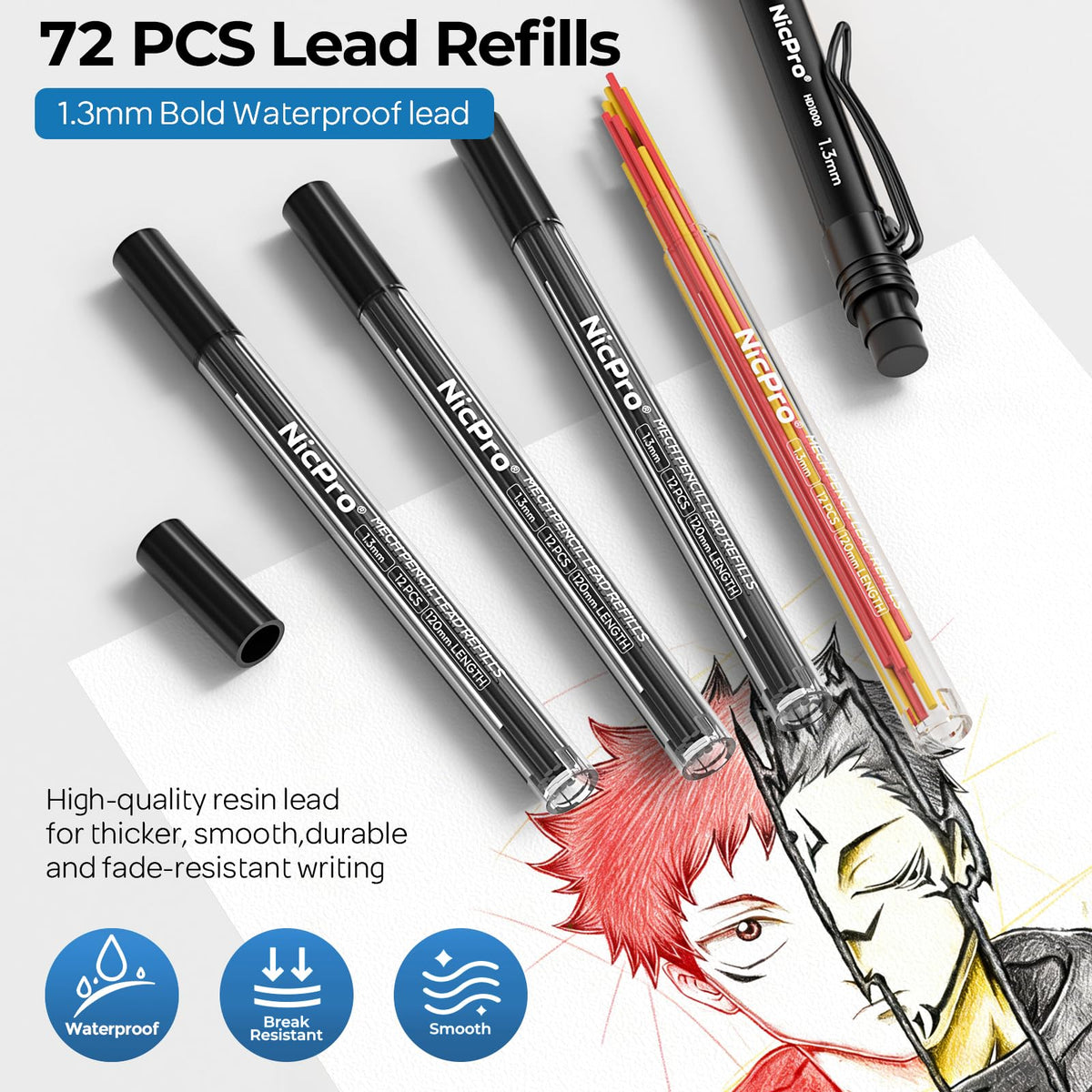 Nicpro 1.3 mm Mechanical Pencils Set, HD1000 1.3 Lead Pencil, 3 Pcs Black