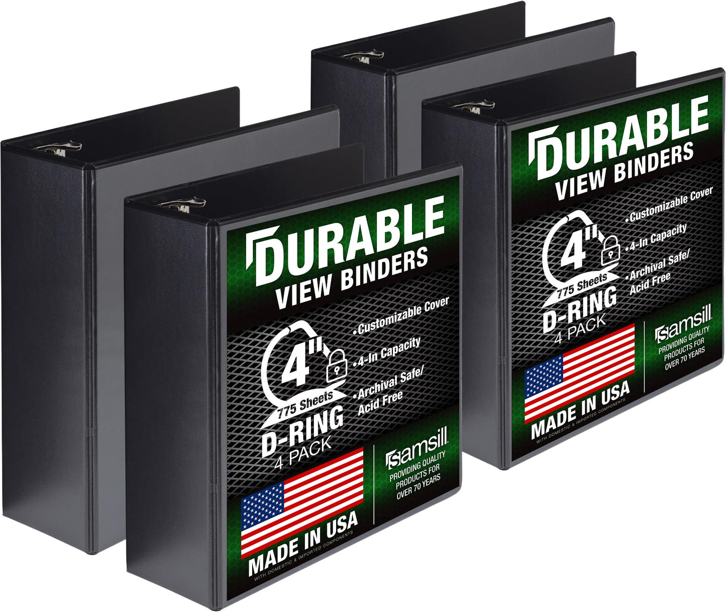 Samsill Durable 4 inch 3 Ring Binder, D Ring Binder, 100% Recycled Chipboard, Black, 4 Pack