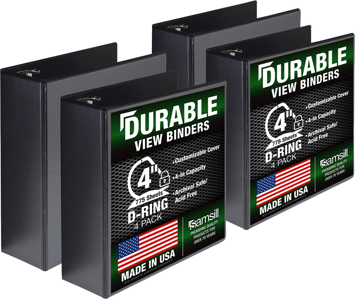 Samsill Durable 4 inch 3 Ring Binder, D Ring Binder, 100% Recycled Chipboard, Black, 4 Pack