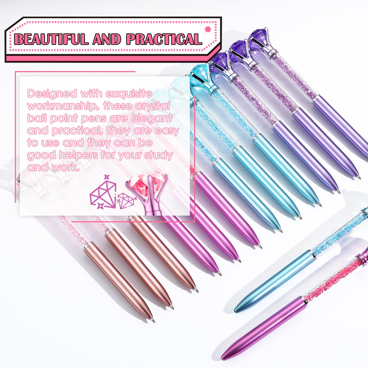 Leinuosen 48 Pcs Big Crystal Diamond Pens Bulk Bling Black Ink Rhinestones Ballpoint Pen Bridal