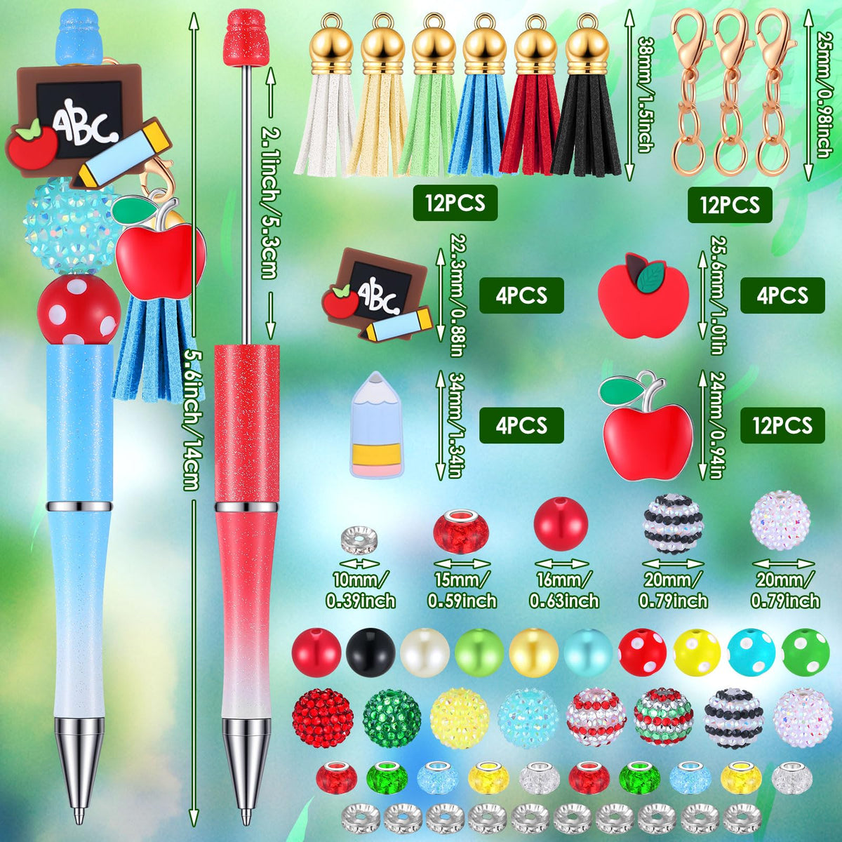 Jutom 12 Pcs Teacher Beadable Pens with 50 Colorful Beads 12 Tassels 12 Pendants Silicone Focal