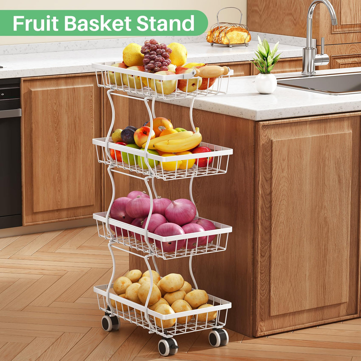 SAYZH 4-Tier Fruit Basket Stand with Vegetable Baskets for Kitchen, White