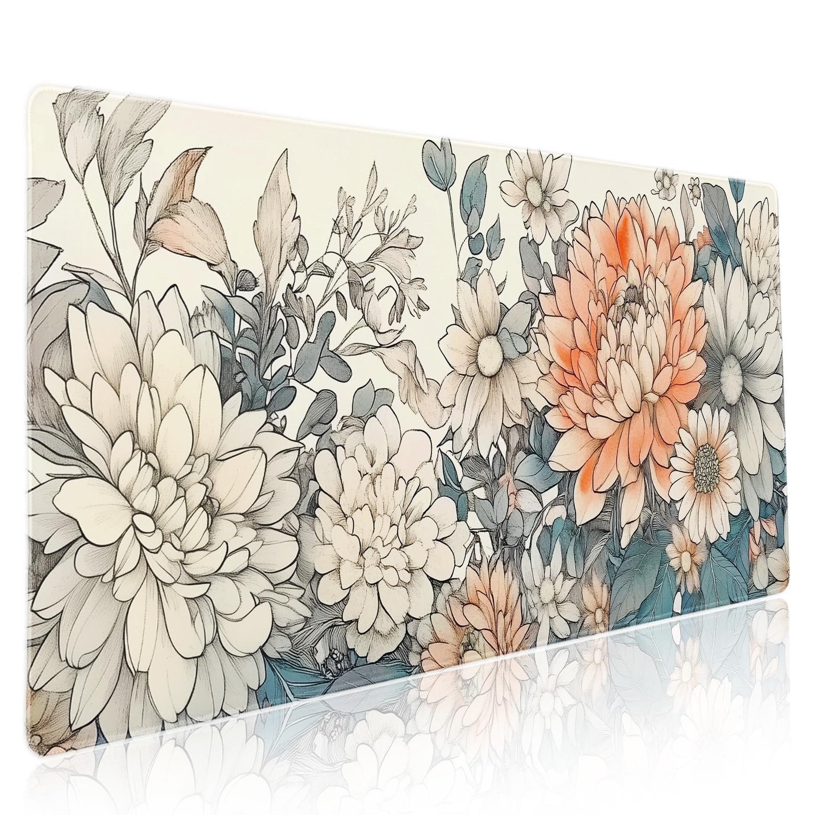 Japanese Aesthetic Floral Gaming Mouse Pad XXL Vintage Orange White Flowers Extended Large Mat