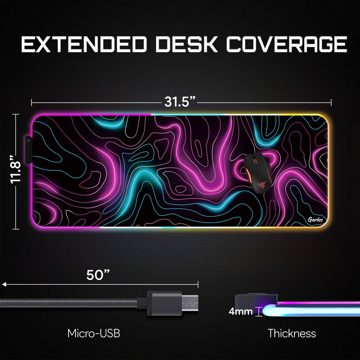 Gerlos RGB Gaming Mouse Pad, Large LED Desk Mat for Gamer, 31.5" x 11.8"