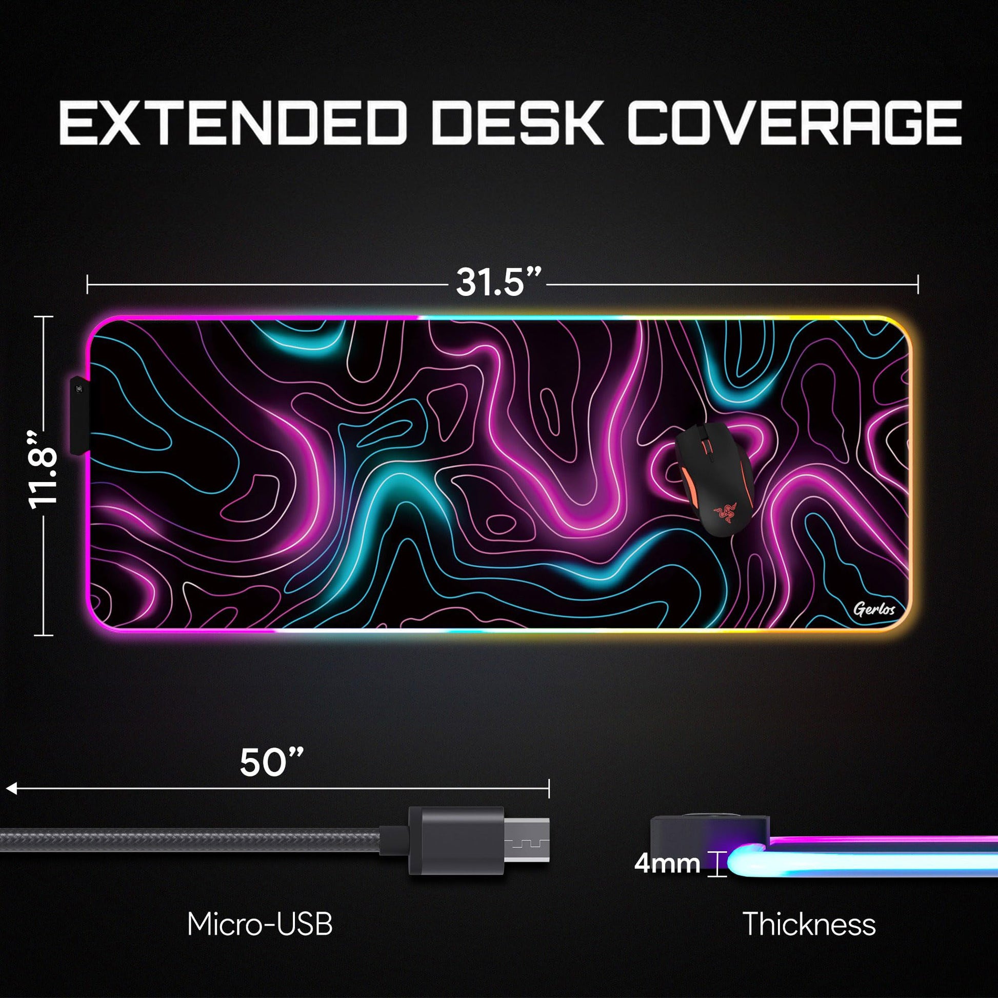 Gerlos RGB Gaming Mouse Pad, Large LED Desk Mat for Gamer, 31.5" x 11.8"