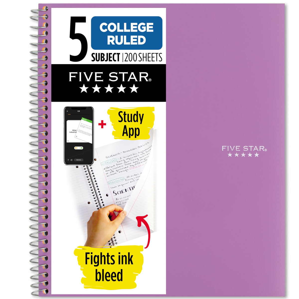 Five Star Spiral Notebook + Study App, 5 Subject, College Ruled Paper, 8-1/2" x 11", 200 Sheets