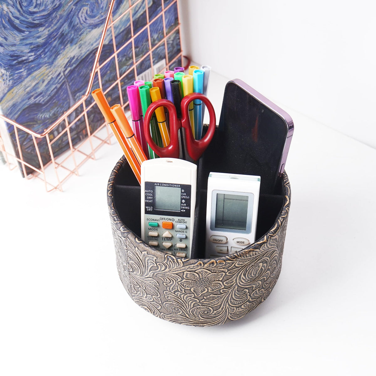 lizimandu Round Leather Art Supply Organizer,Remote Control Holder,360 Degree