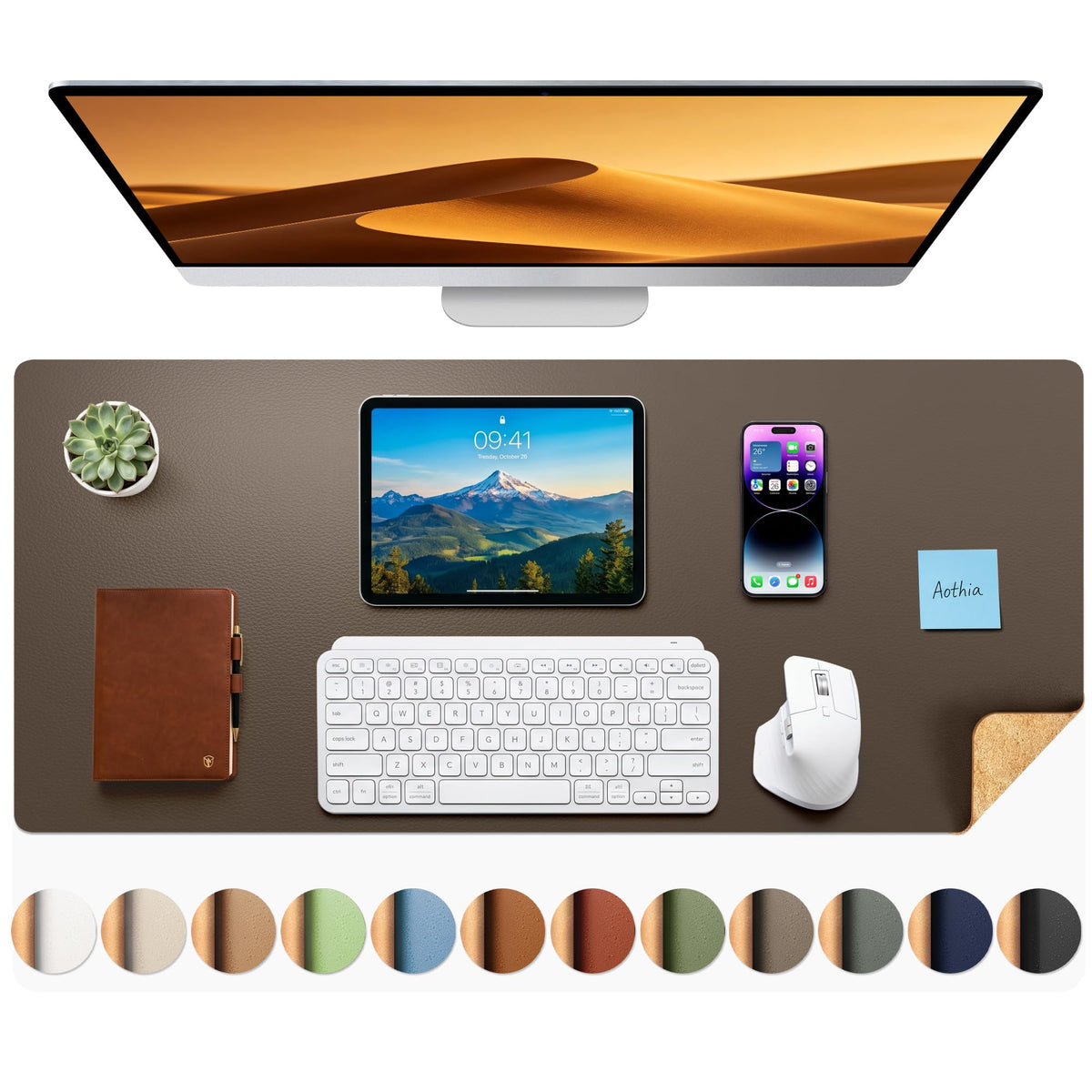 Aothia Dual-Sided Desk Pad - Leather Desk Mat, Natural Cork Desk Pad Protector, Large Mouse Pad for
