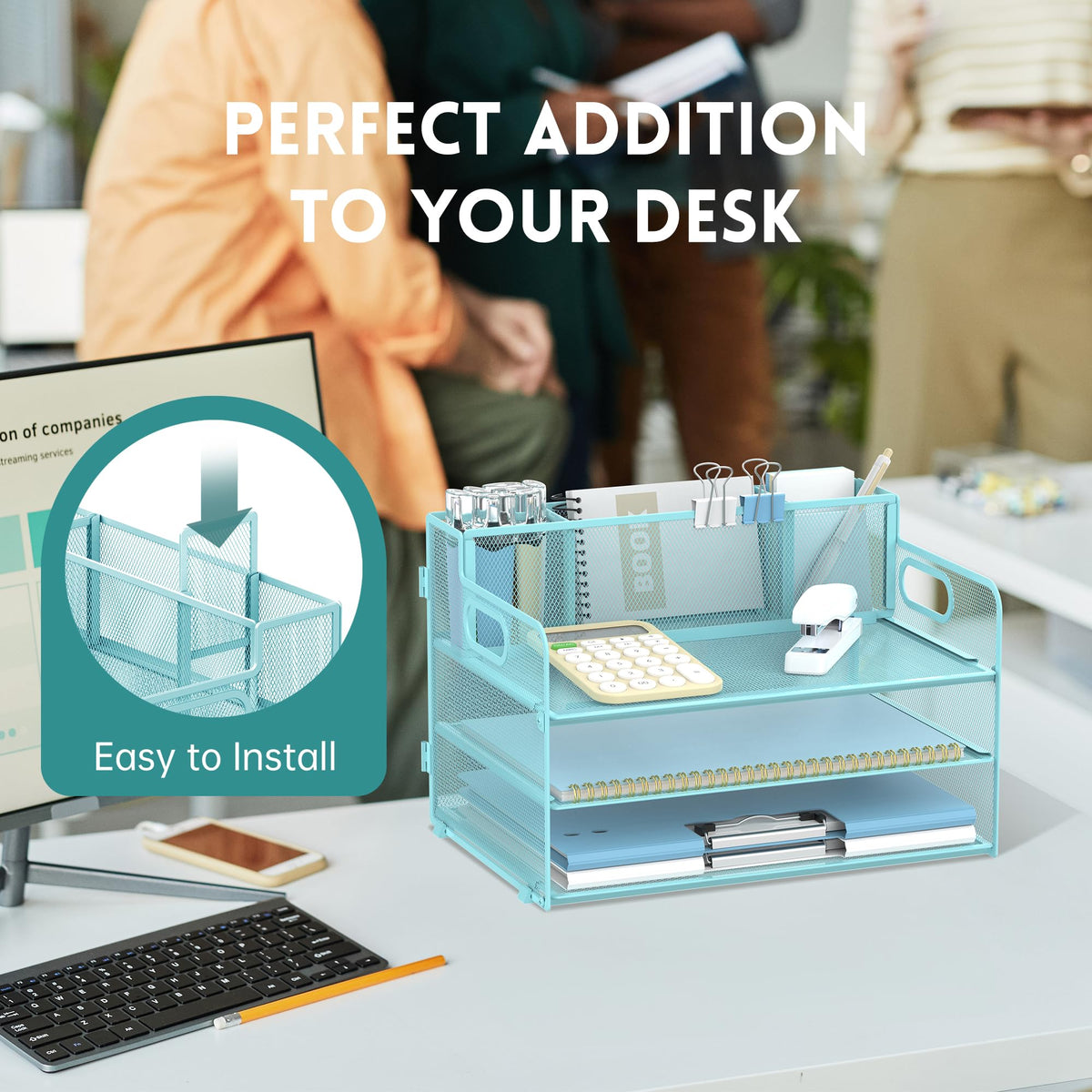 3-Tier Desk Organizer with Pen Holder and Handles, Paper Organizer, Blue