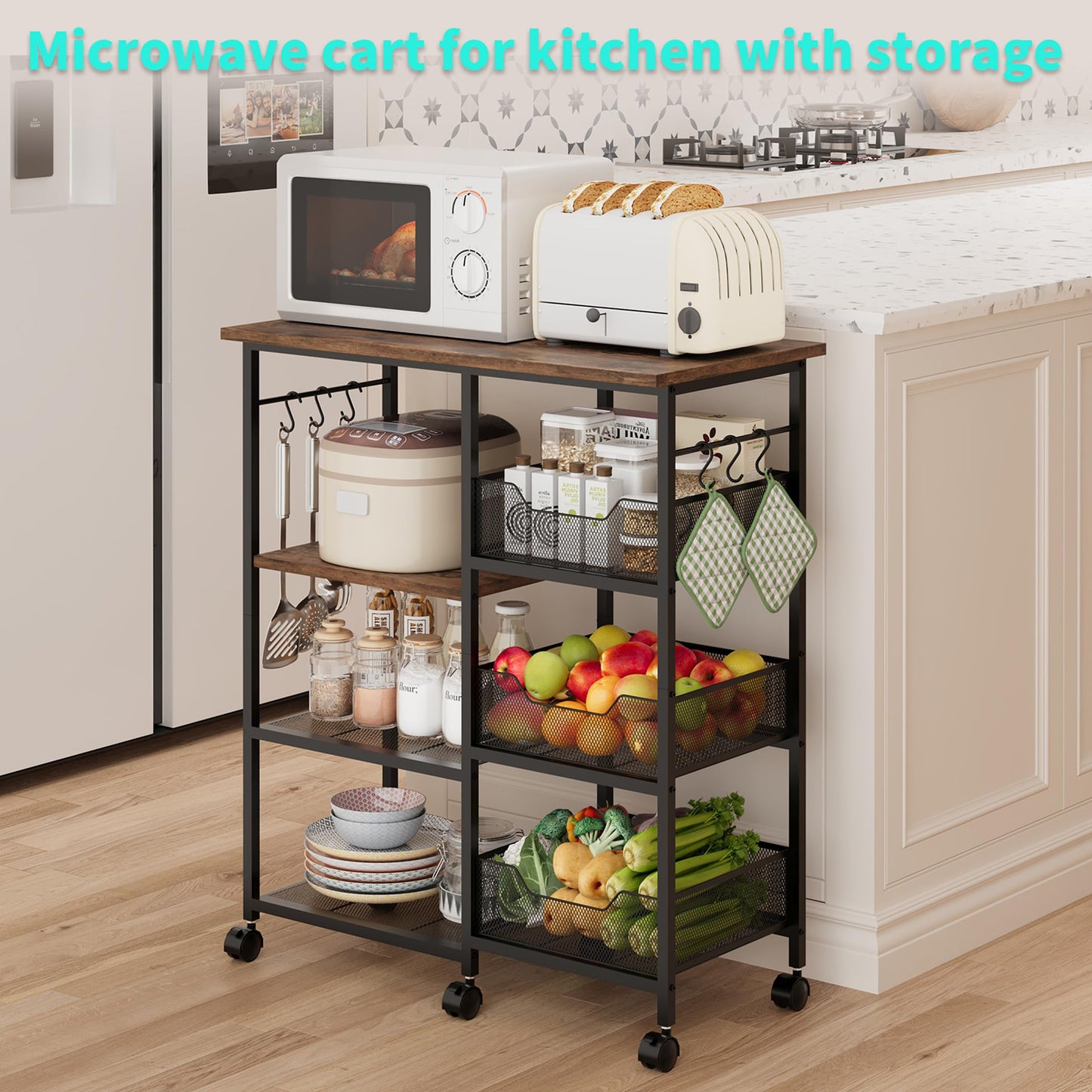 HapiRm Rolling Kitchen Carts with Storage - Microwave Table Stand with 6 Hooks & 3 Baskets, kitchen