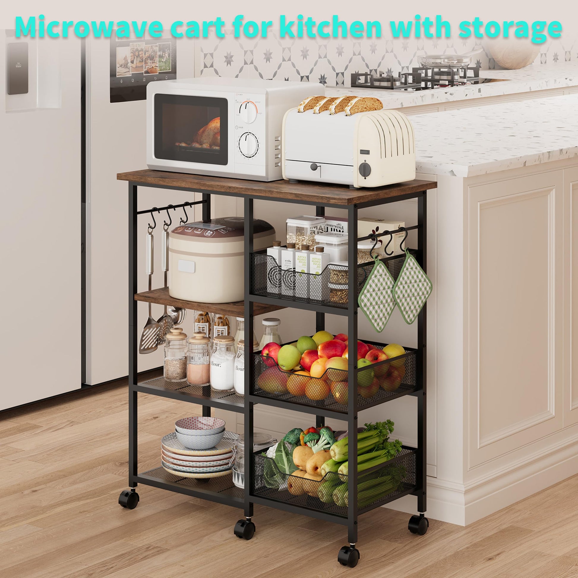 HapiRm Rolling Kitchen Carts with Storage - Microwave Table Stand with 6 Hooks & 3 Baskets, kitchen