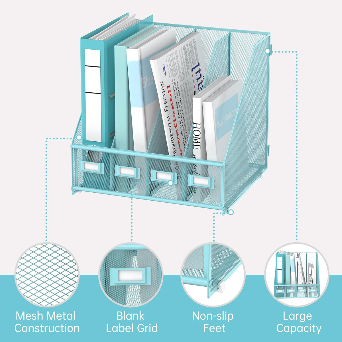 4-Compartment Magazine File Holder and File Organizer for Desk, Blue