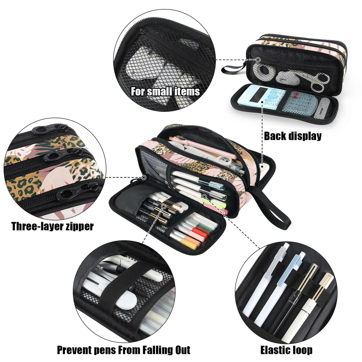 Fustylead Exotic Plants Nylon Pencil Bag Large Storage Pouch Pen Case Makeup Bag Simple Stationery