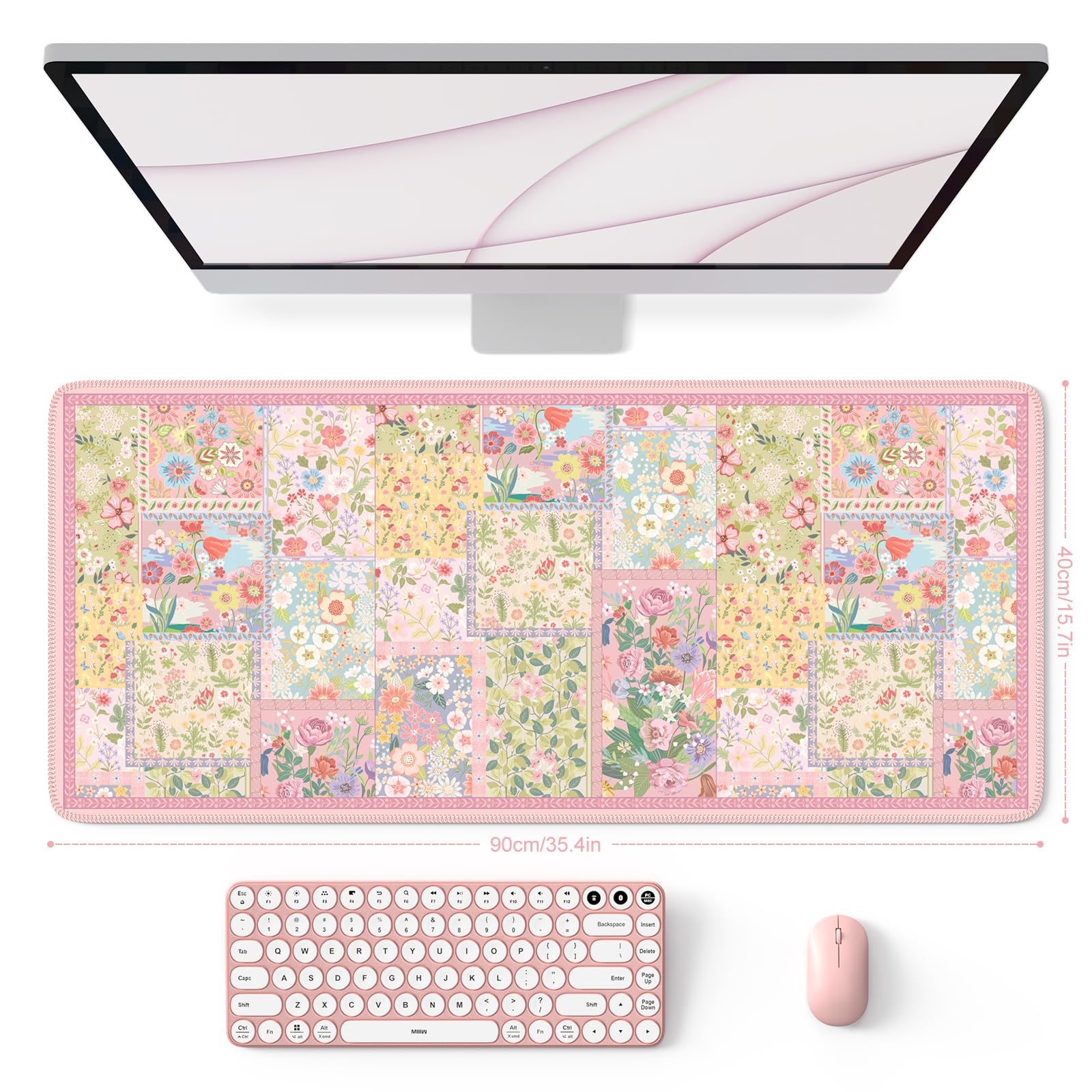 HAOCOO Cute Pink Floral Desk Pad, Large Keyboard Mat with Stitched Edge