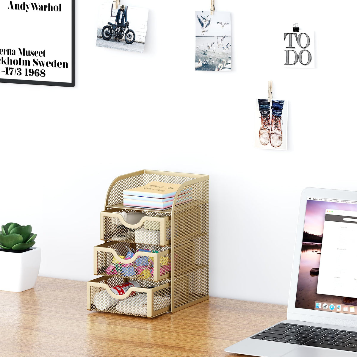 EasyPAG Mesh Desk Organizer with 3 Drawer Office Desktop Organizers and Accessories Stationery