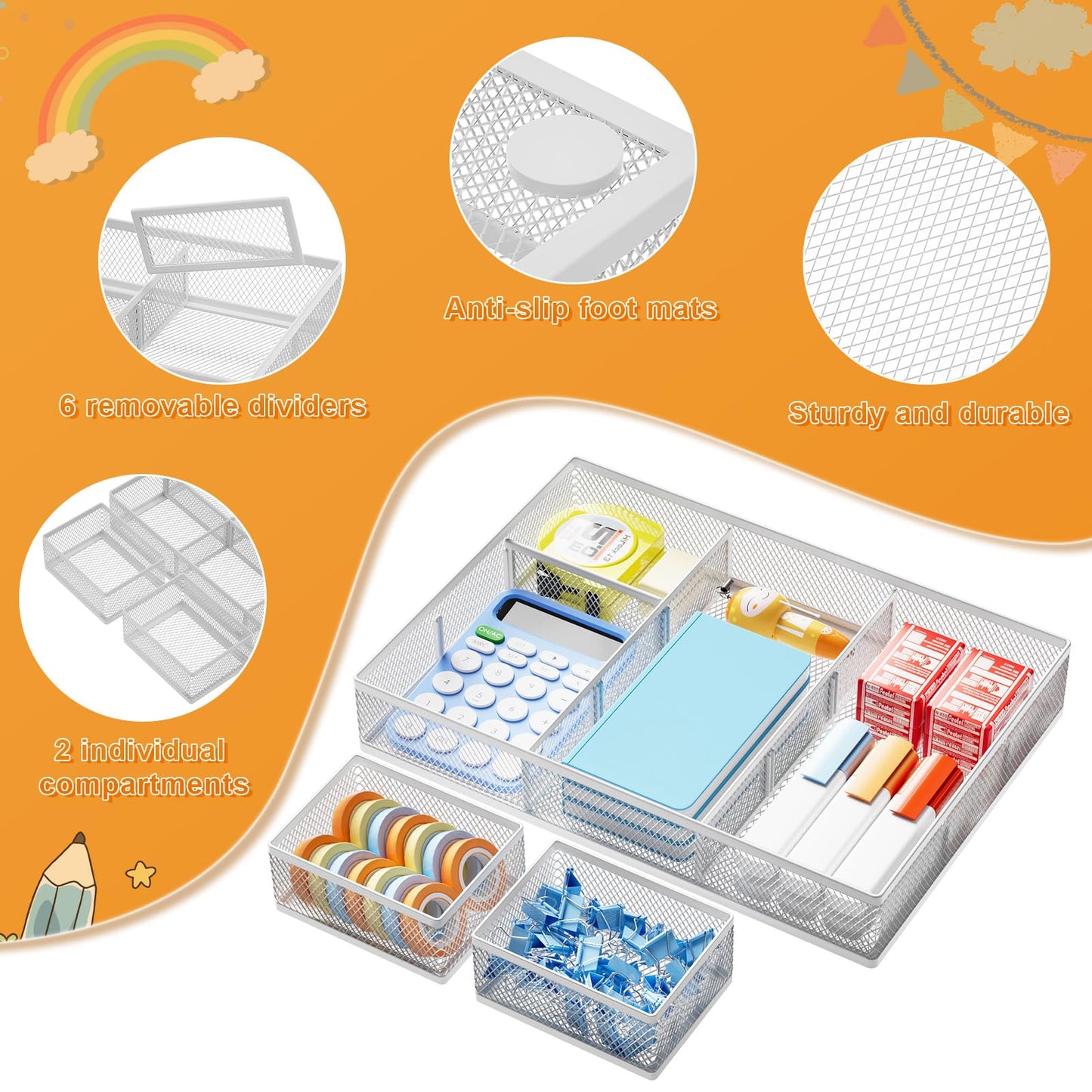 Marbrasse Mesh Desk Drawer Organizer Tray 3 Packs, White