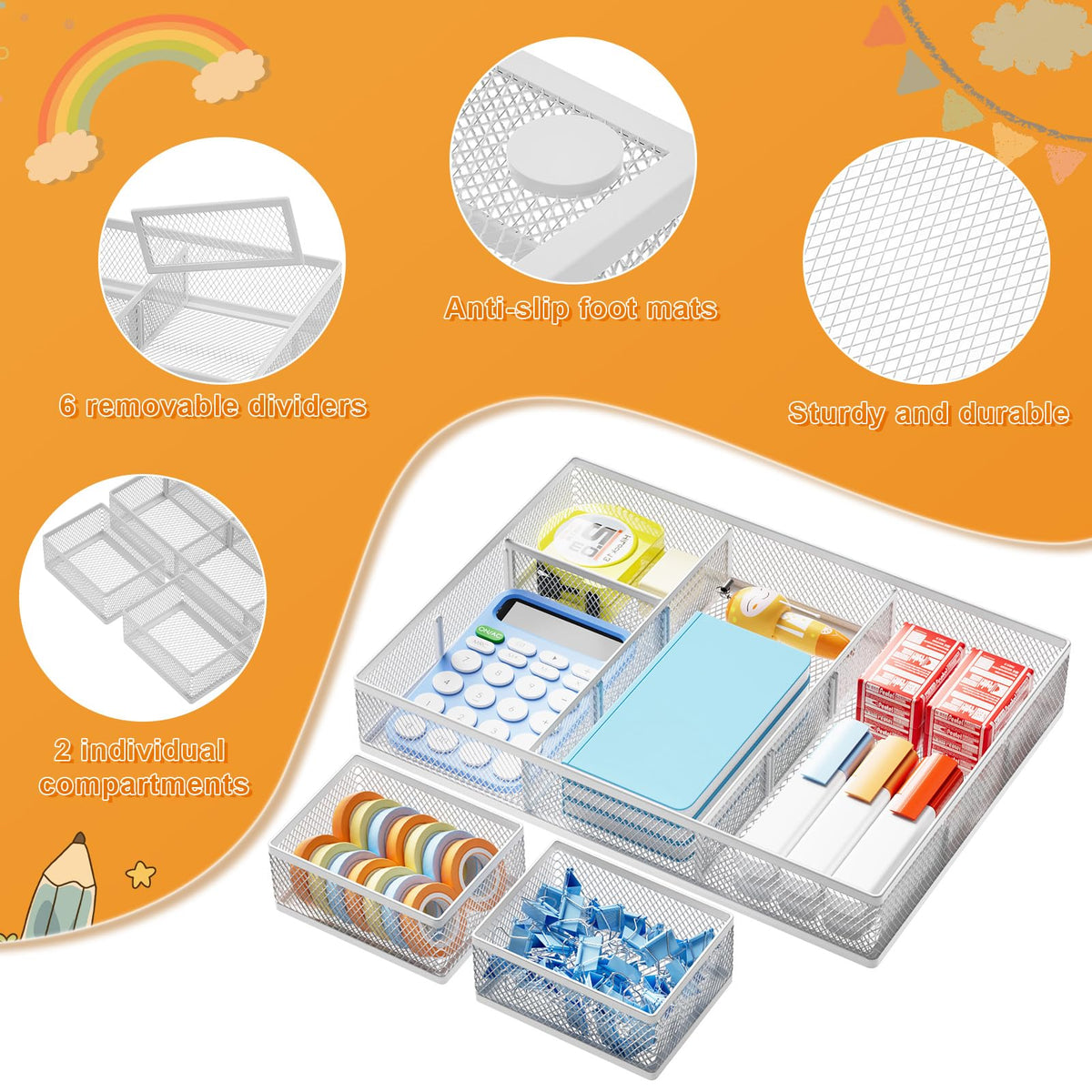 Marbrasse Mesh Desk Drawer Organizer Tray 3 Packs, White