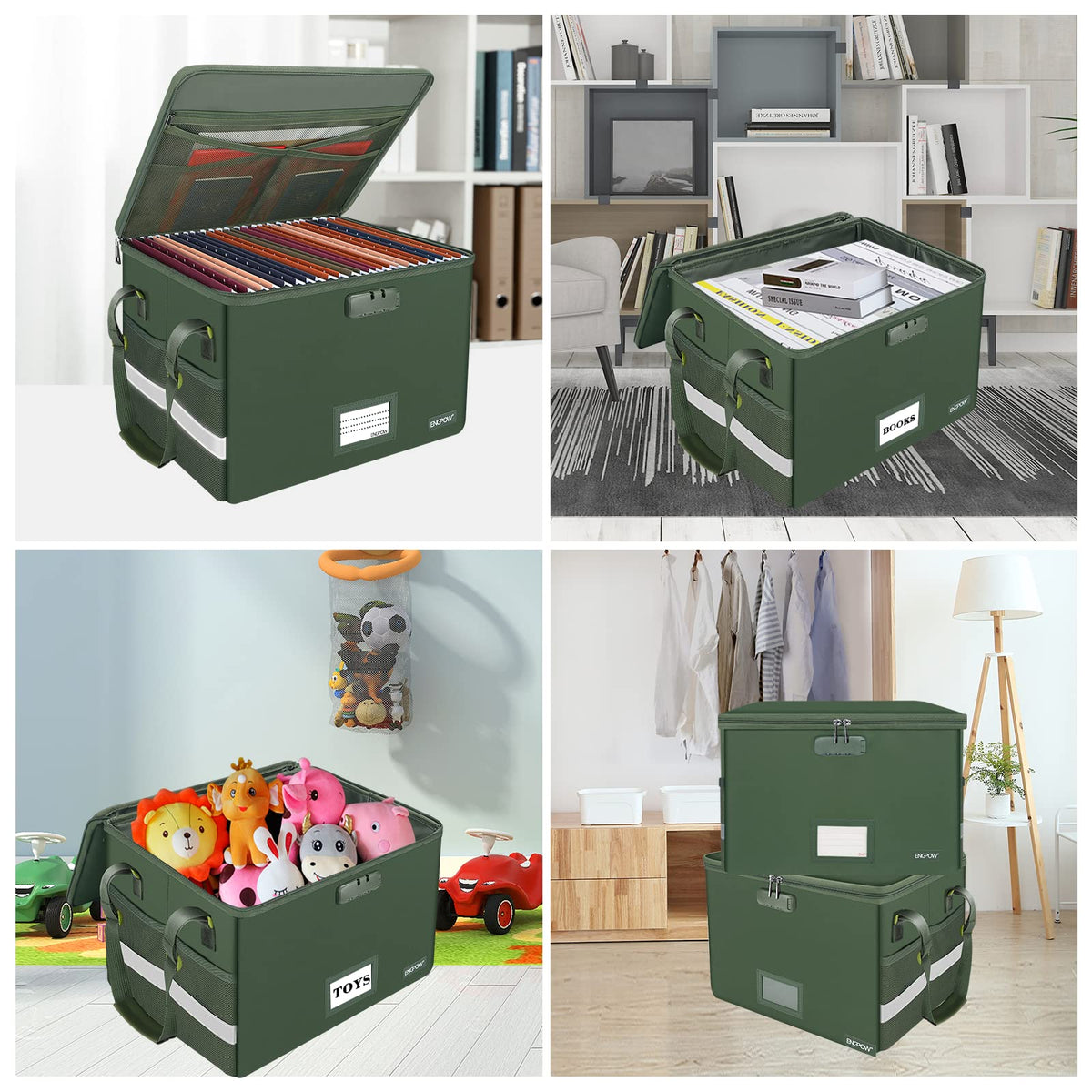 ENGPOW File Box with Lock, Fireproof Document Box with Pockets, Collapsible File Organizer Filing
