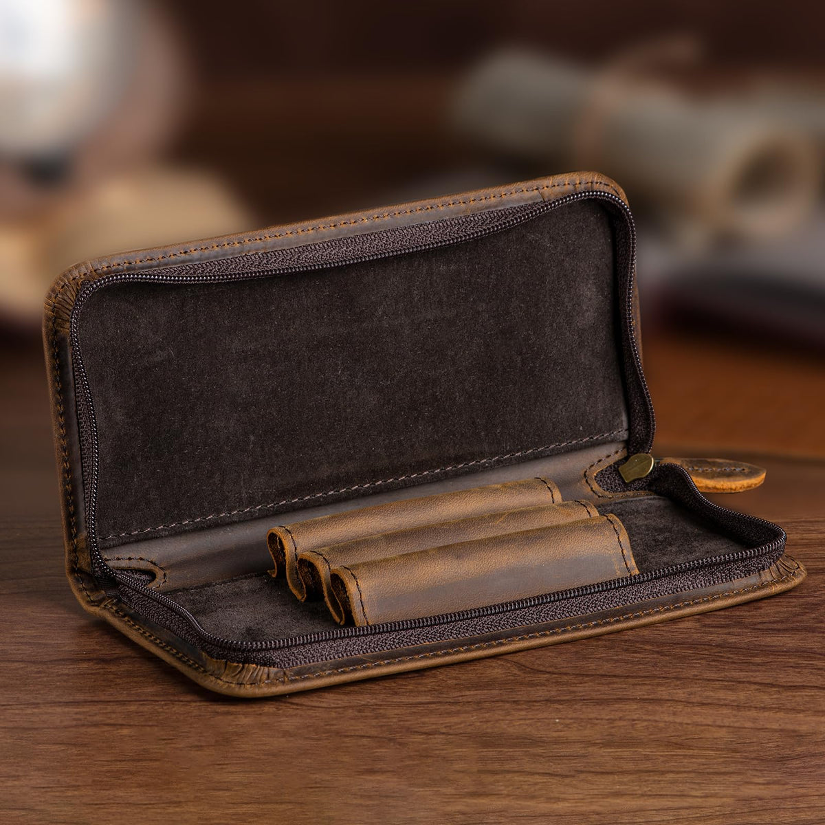 Lanxivi Vintage Leather Fountain Pen Case 3 Divided Slots, Zippered Pen Case Pouch, Handmade