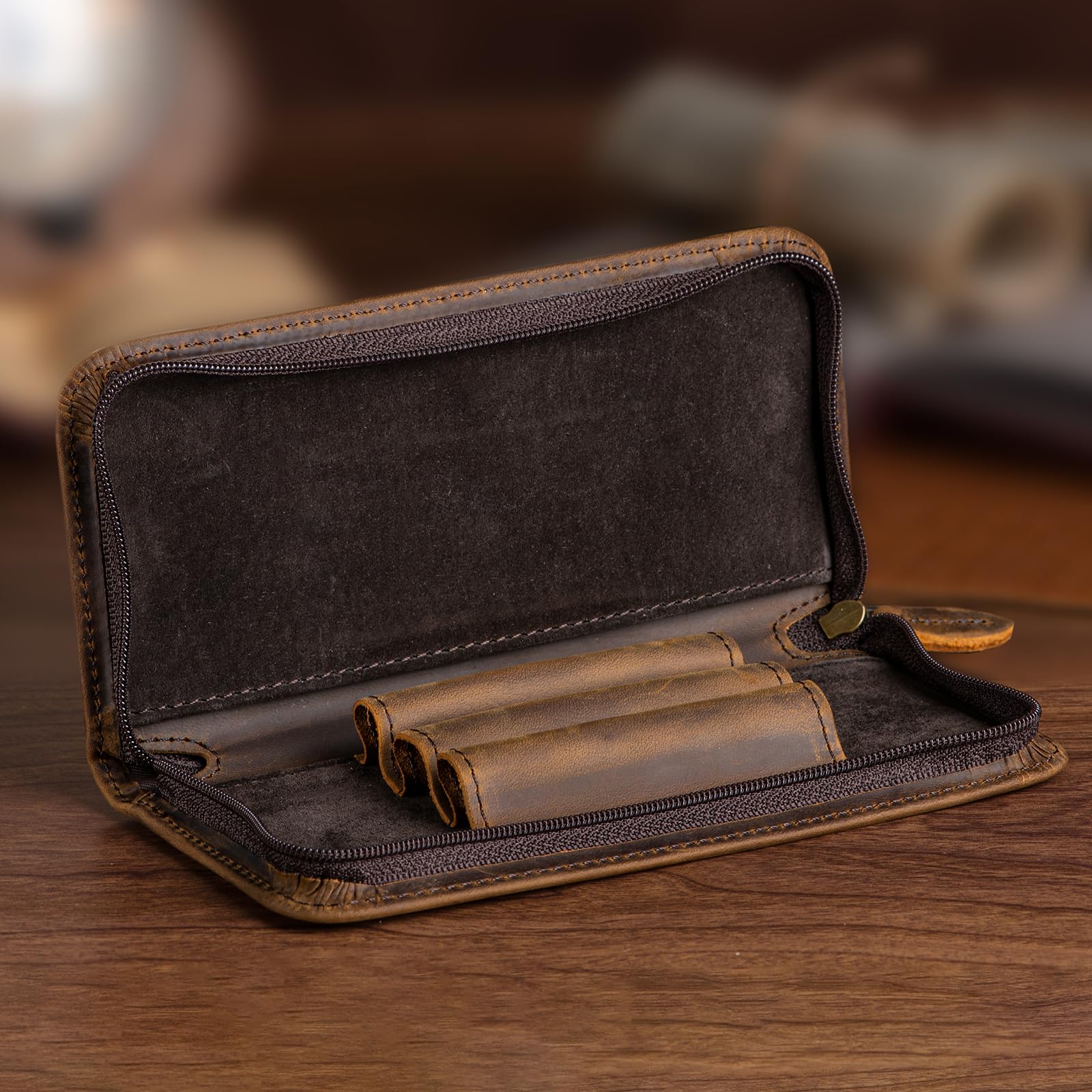 Asvine Fountain Pen Case 3 Divided Slots Crazy Horse Leather Pen Holder, Handmade Display Zippered