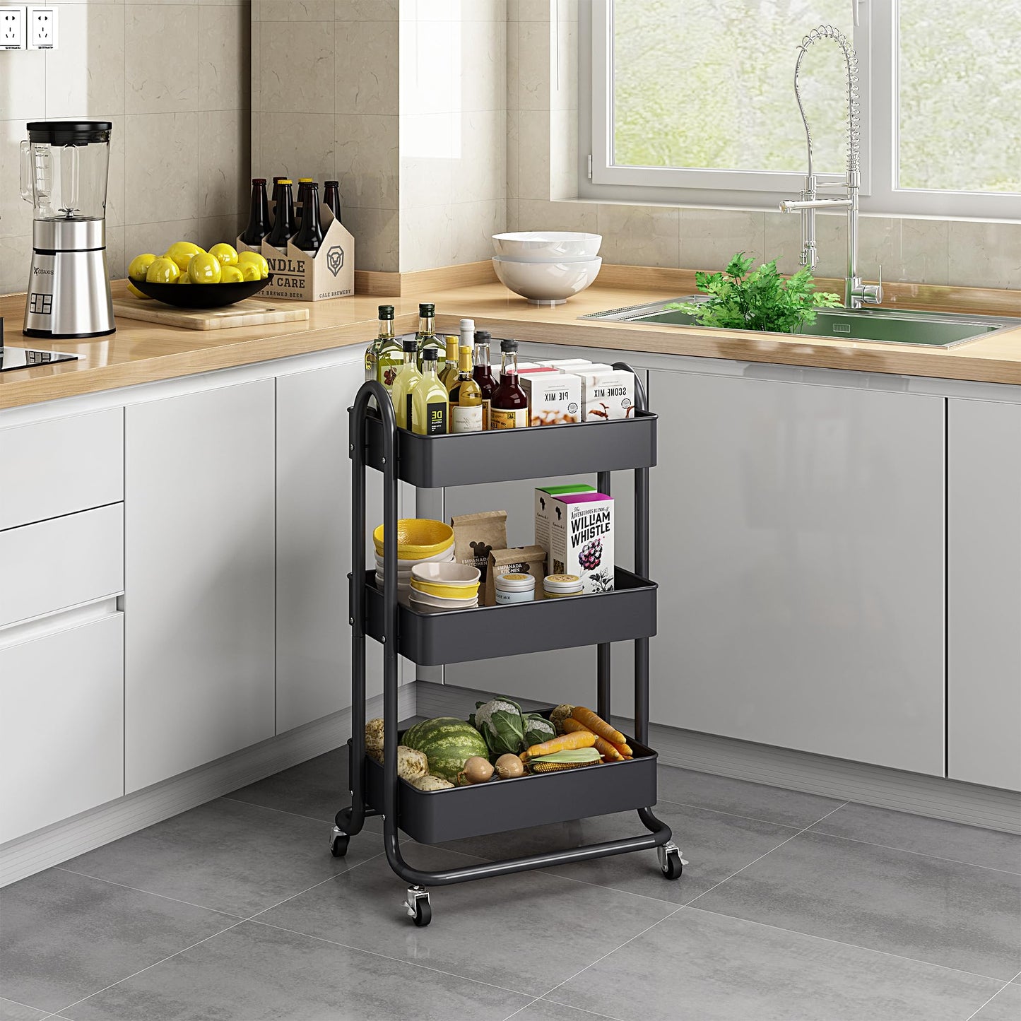 MIOCASA 3-Tier Metal Utility Rolling Cart, Heavy Duty Multifunction Cart with Lockable Casters