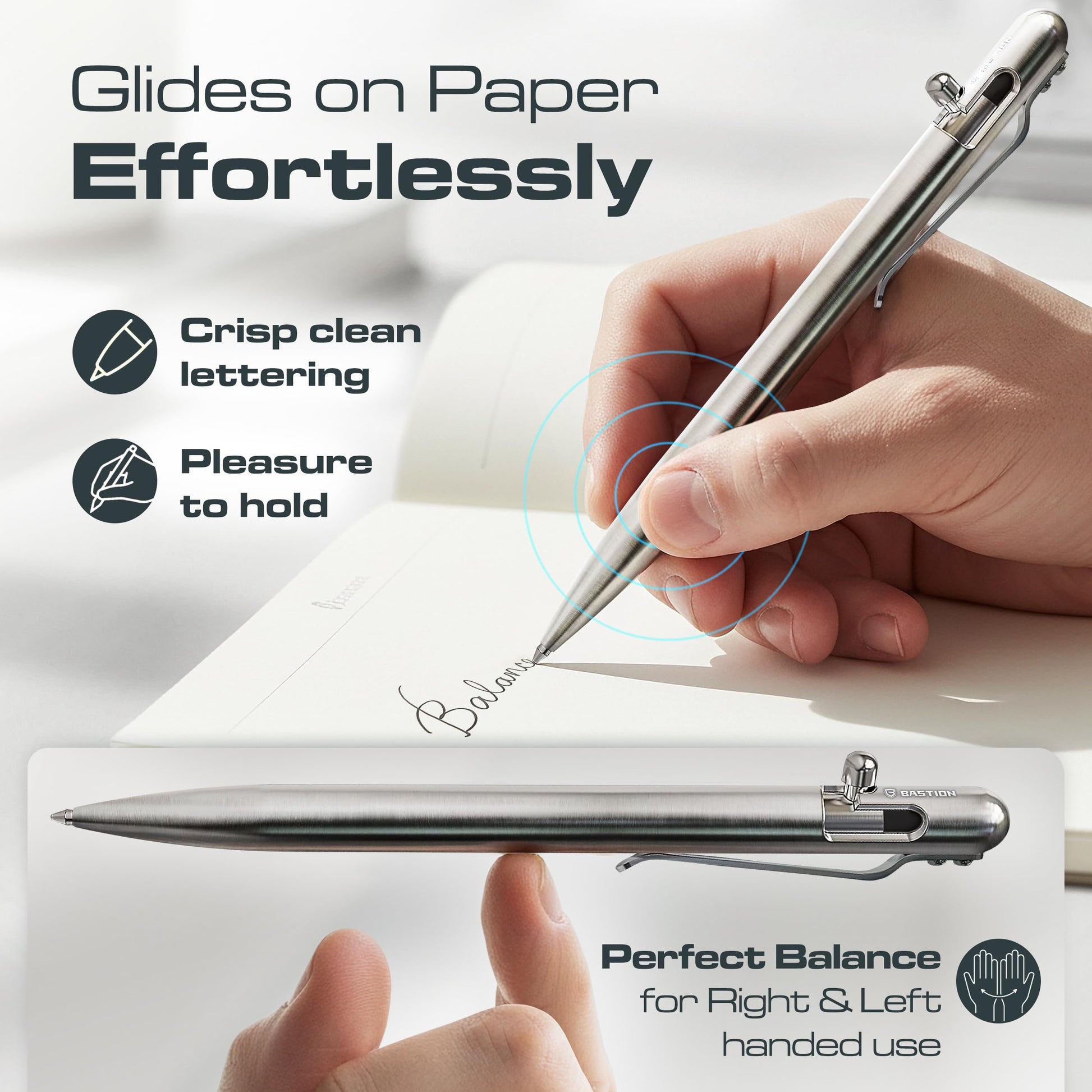 BASTION Bolt Action Pen, Stainless Steel Silver Slim, HyperBolt & ZeroSeam EDC Pen, Refillable