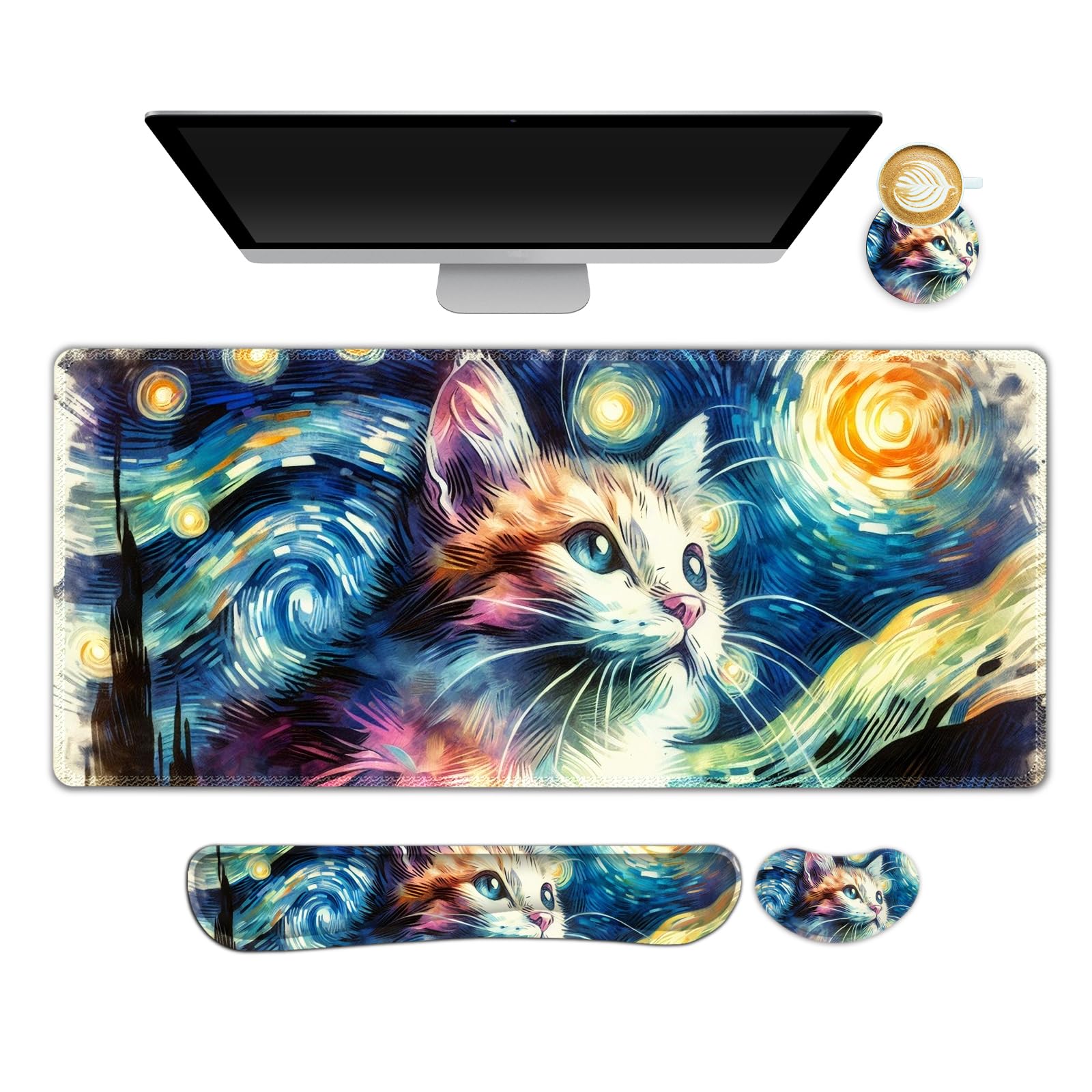 NXZGO Large Gaming Mouse Pad Set, 4 in 1 Ergonomics Keyboard Desk Mat Memory Foam Wrist Rest