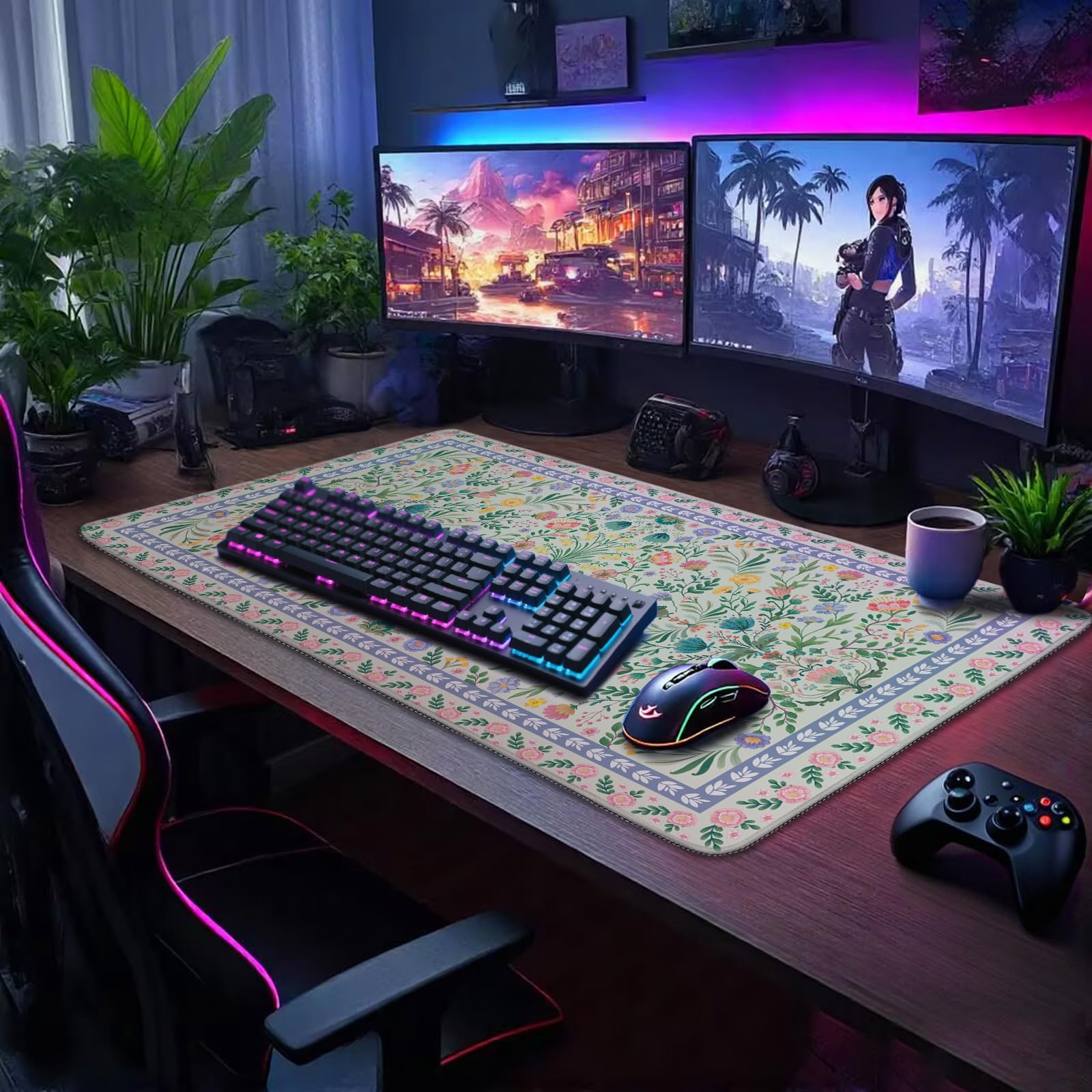 Mcapirivo Green Floral Desk Mat Large Mouse Pad 31.5"x15.7" Non-Slip