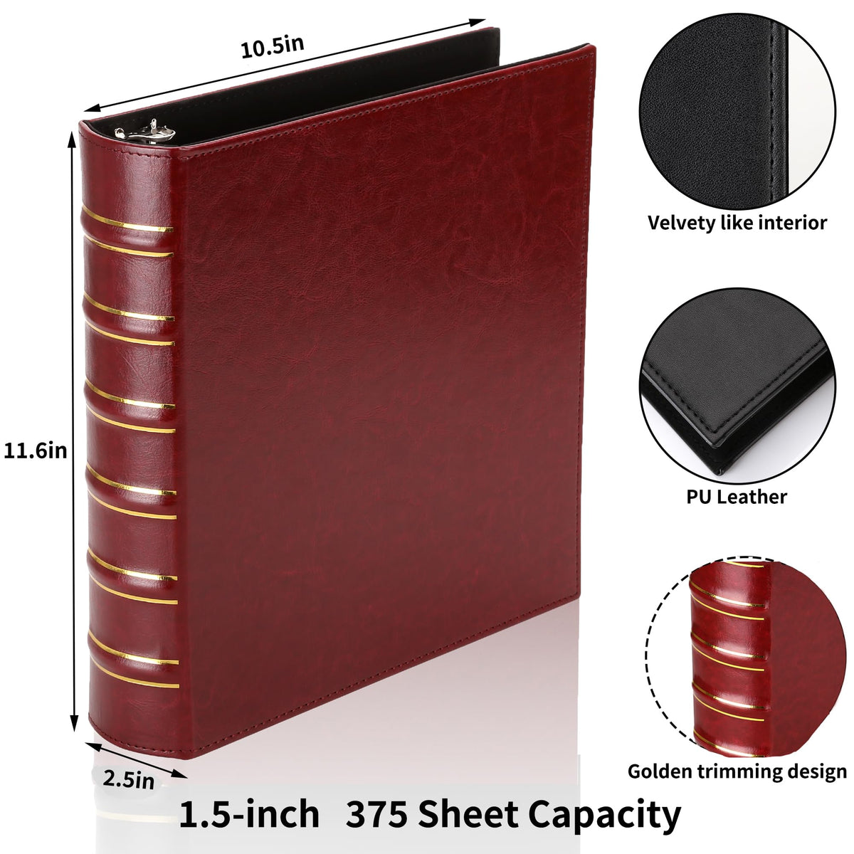 LETVPVOW Vintage Hardback 3 Ring Binder 1.5 Inch, Professional Leather Binder 3 Ring, Three Ring
