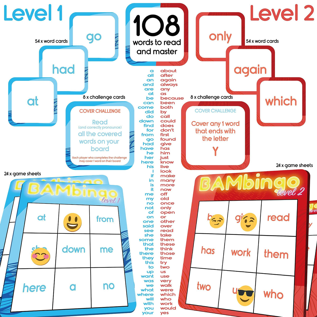 Sight Word Bingo Game Level 1 and 2 - Educational Games for Kids - Learn to Read Vocabulary for