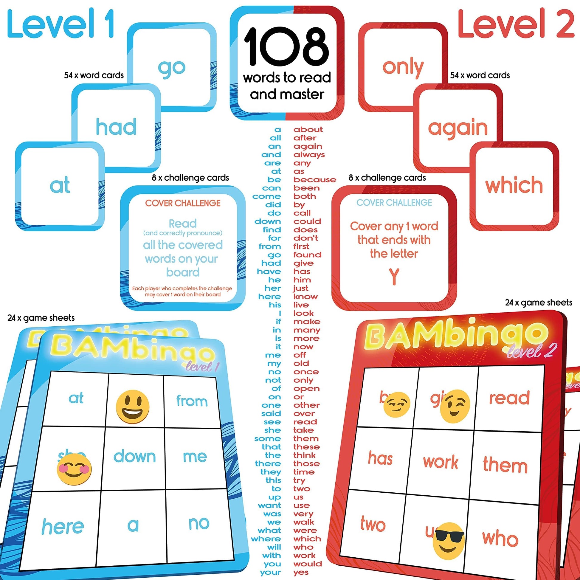 Sight Word Bingo Game Level 1 and 2 - Educational Games for Kids - Learn to Read Vocabulary for