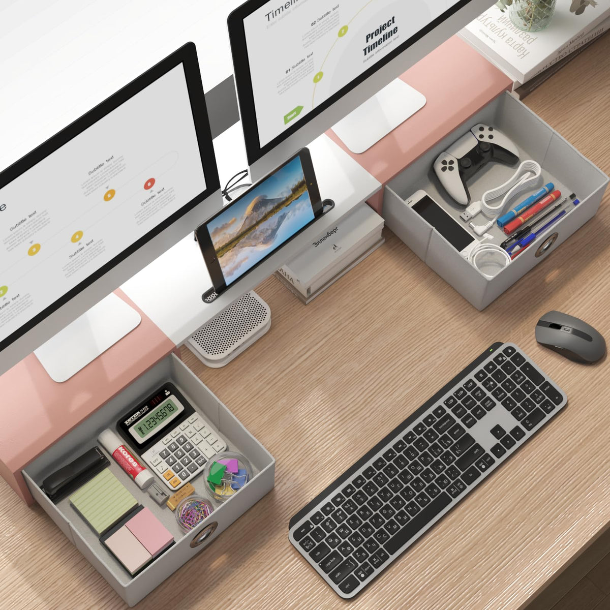 WESTREE Dual Monitor Stand Riser with Two Drawers, Extra Large Storage Monitor Stand for 2