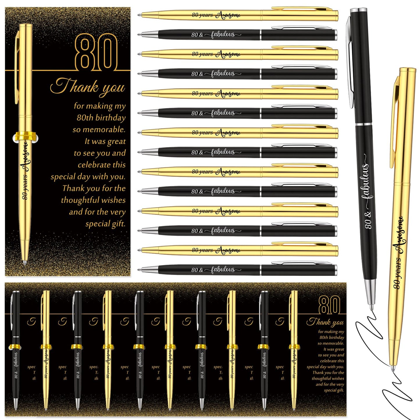 Feifeiya 50 Sets 80th Birthday Party Favors with Black Gold Pens Thank Card