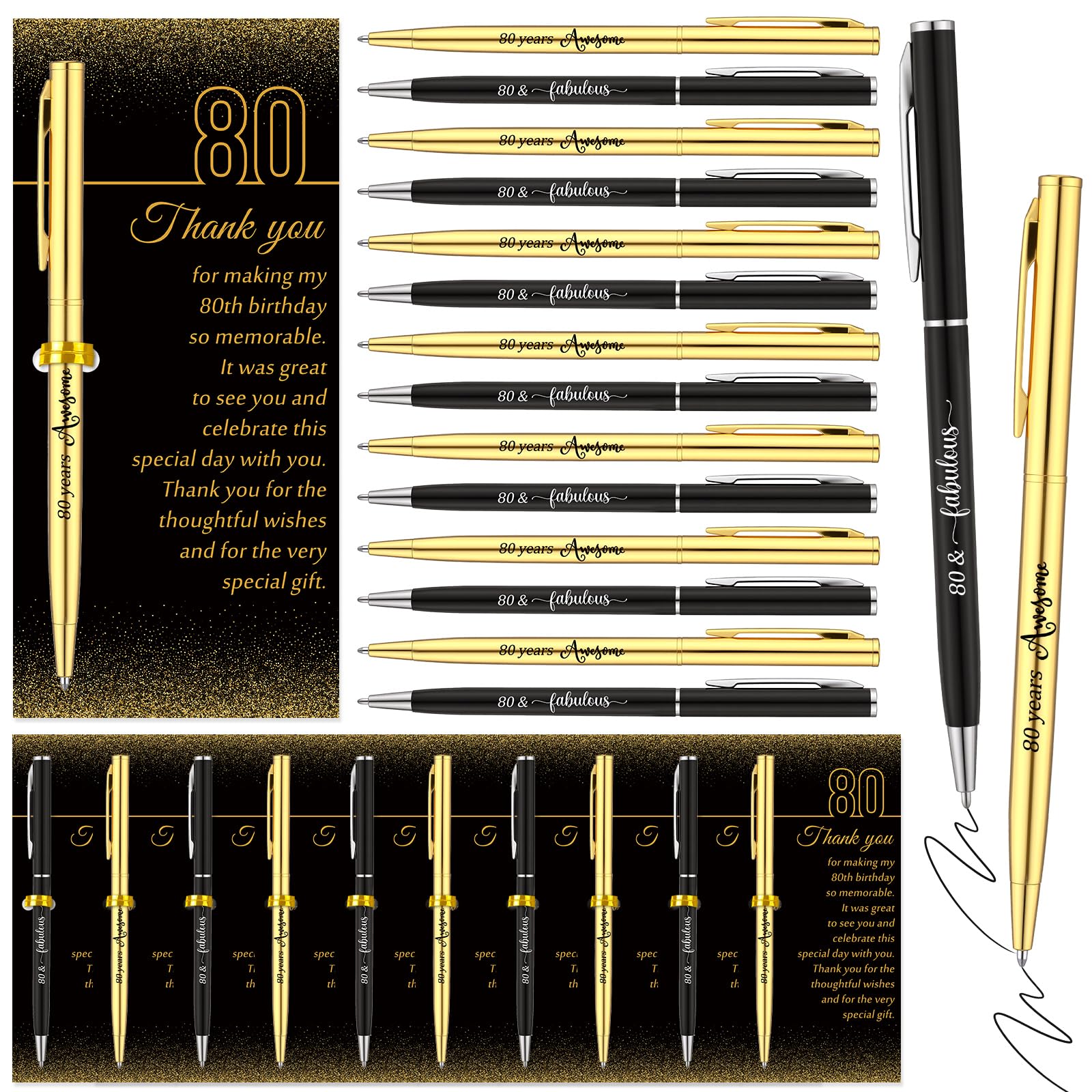 Feifeiya 50 Sets 80th Birthday Party Favors with Black Gold Pens Thank Card