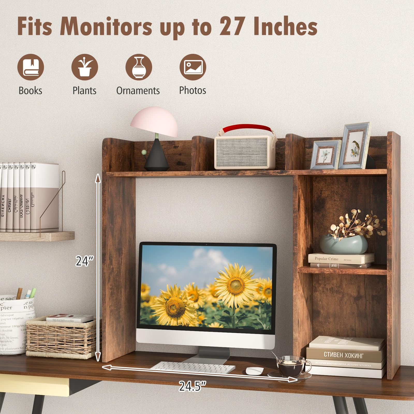 Giantex Desktop Bookshelf, Wood Desk Hutch Organizer for 27 Inch Computer Monitor, Countertop