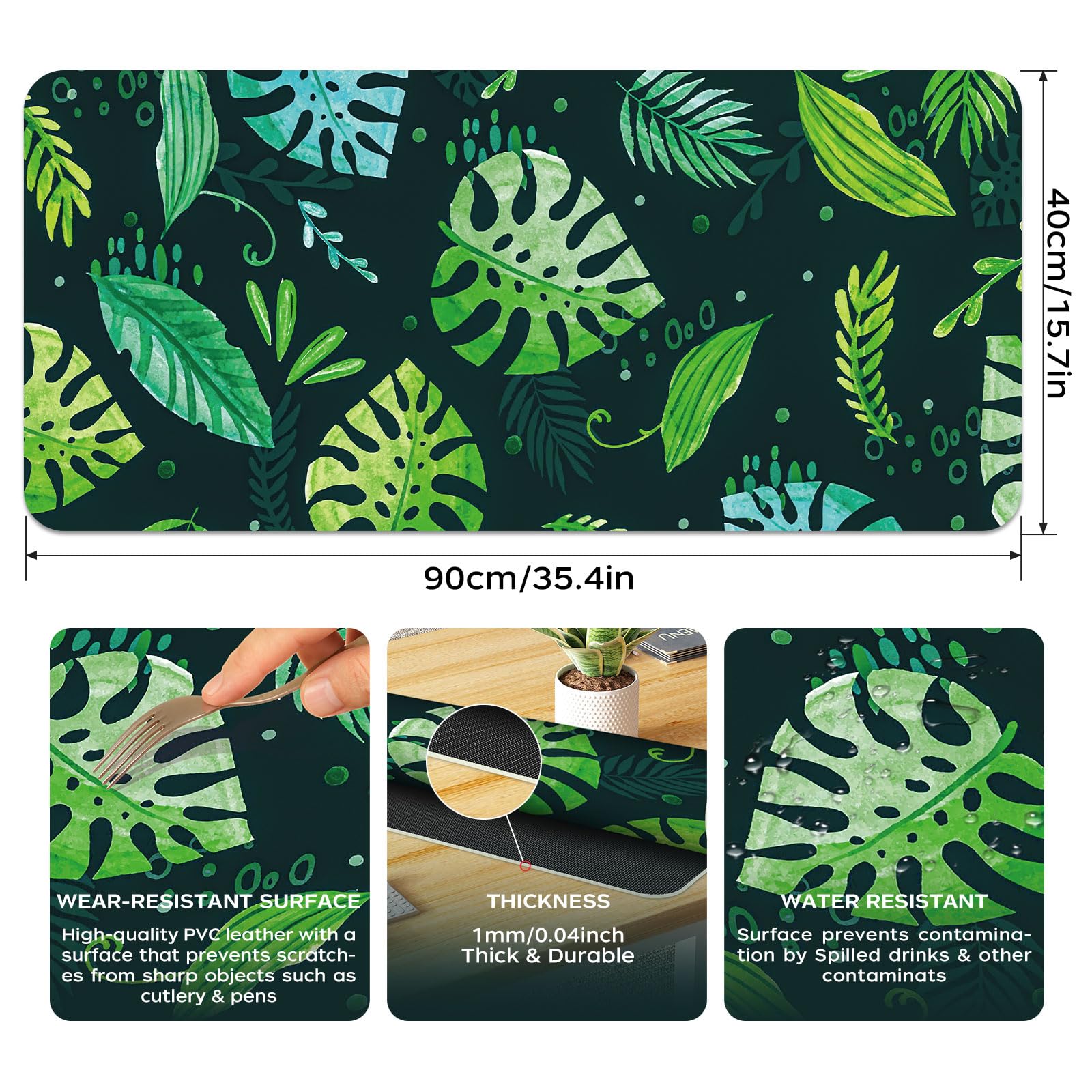 Green Desk Mat 35.4" x 15.7", Cute Plant Cool Desk Pad Keyboard Mat Flower Mouse Pad Green Desk Mat