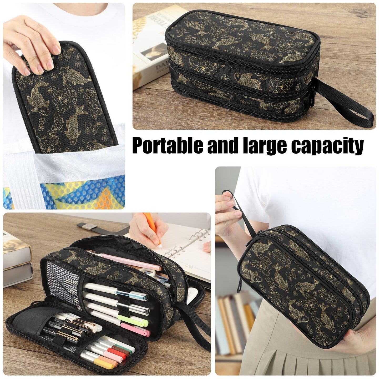 Fustylead Koi Fish Pencil Pen Case Stationery Bag, 3 Compartments School College Office Desk