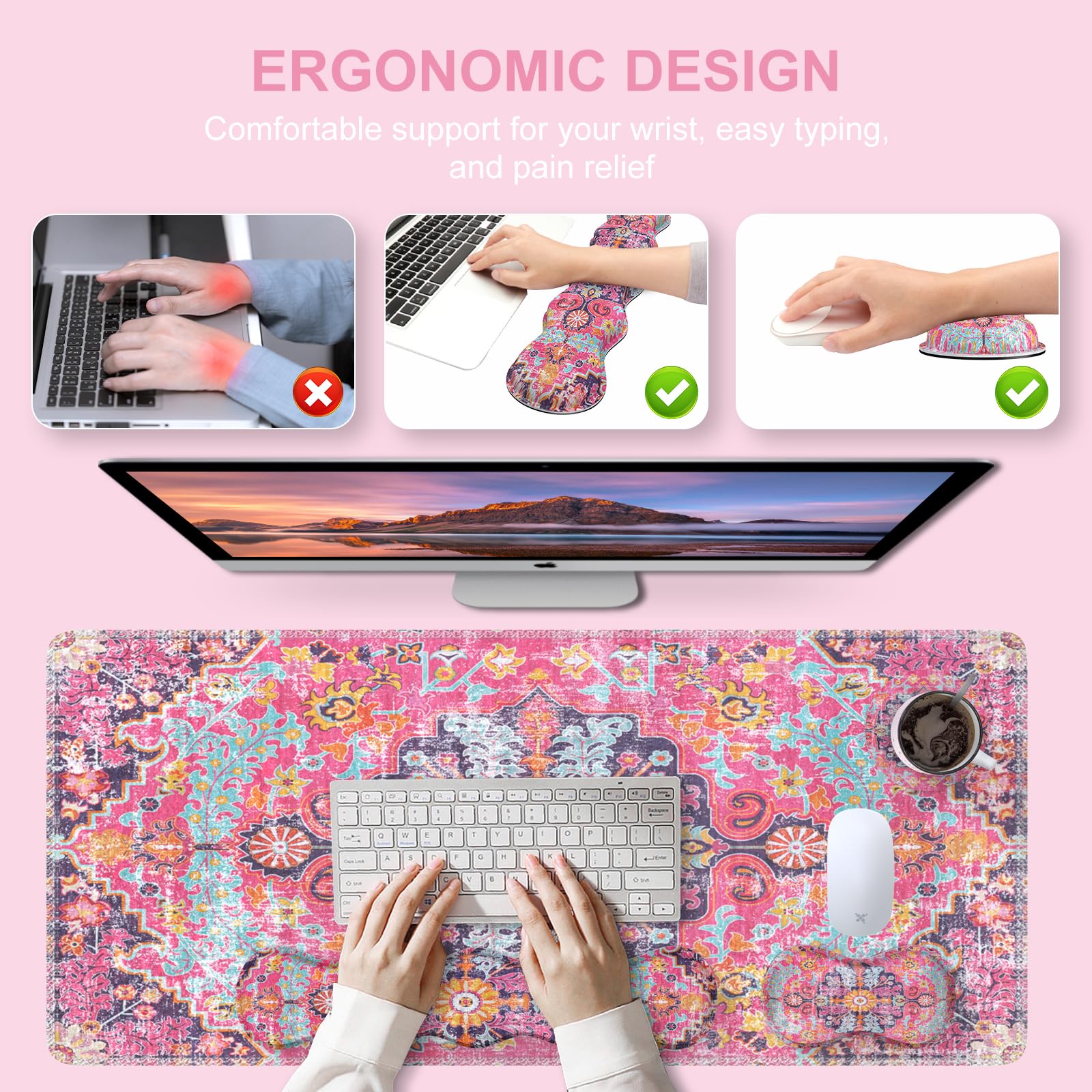 iLeadon Boho Desk Mat Set,Large Mouse Pad and Keyboard Wrist Rest