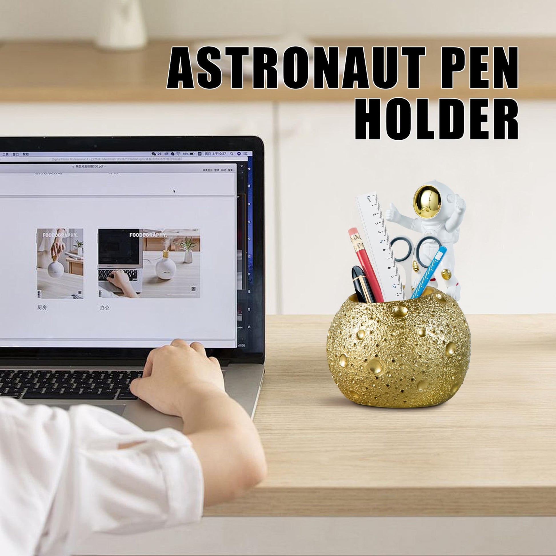 Kimdio Pen Holder, Astronaut Stand for Desk Pencil Holder, Resin Desk Moon Organizer Decorative