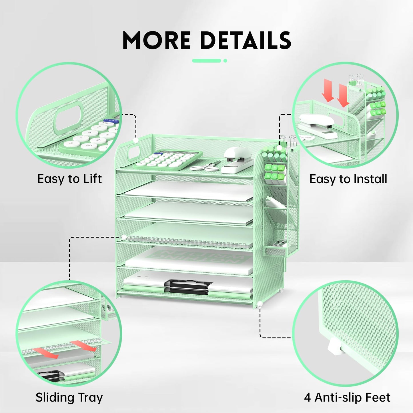 Supeasy 6 Tier Desk Organizer with 4 Pen Holders & Paper Trays Mint Green