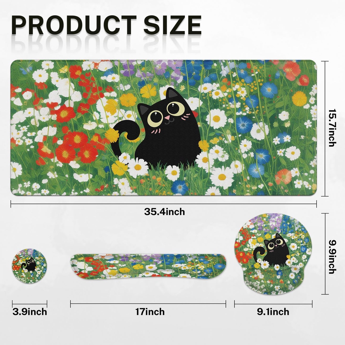 Arttown Keyboard Mouse Pad Set, 4 in 1 Desk Mat Set Cat Flower Cute