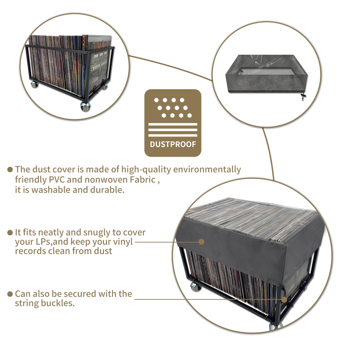 OrigoDeco Vinyl Record Storage Holder on Wheels - With Dust Cover - Holds up to 100 LP - Album