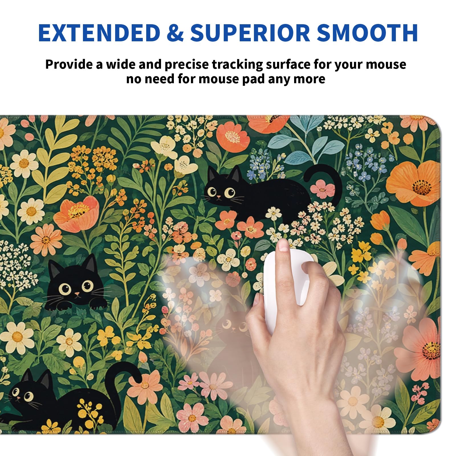Cute Flower Cat Mouse Pad Abstract Flower Mouse Pad 31.5x11.8 Inch Texture Non-Slip Rubber Base