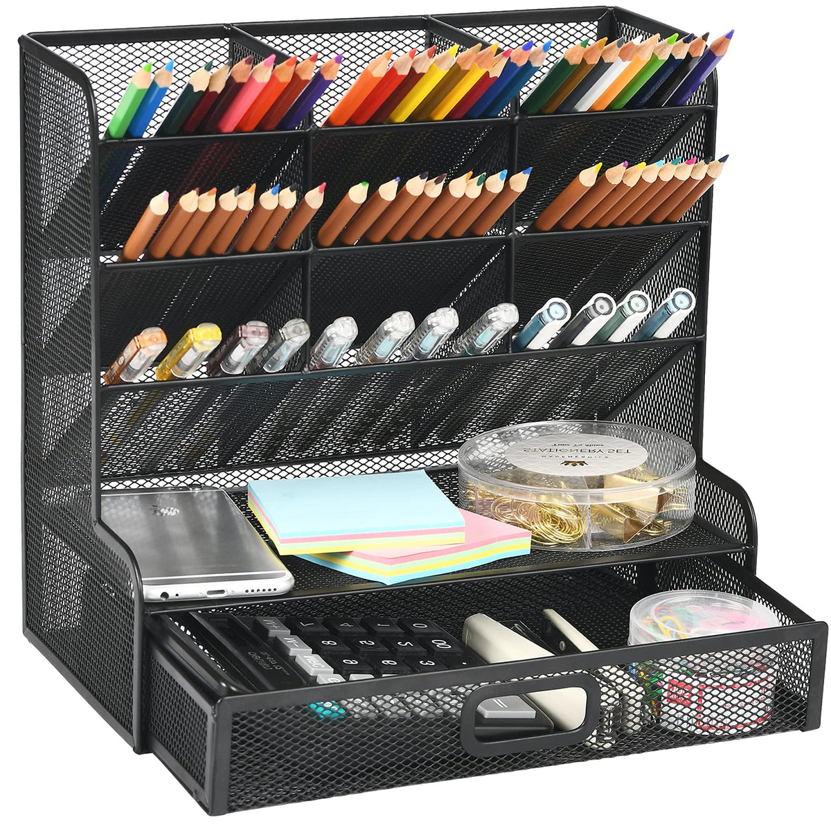 Marbrasse Mesh Pen Holder for Desk, Multi-Functional Pencil Organizer with Drawer, Desk Organizers