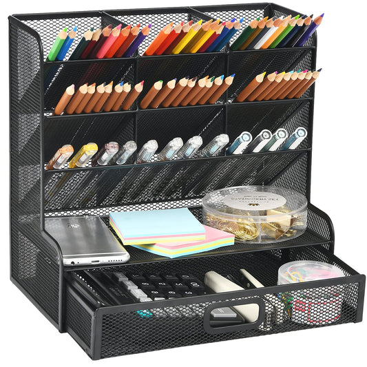 Marbrasse Mesh Pen Holder for Desk, Multi-Functional Pencil Organizer with Drawer, Desk Organizers