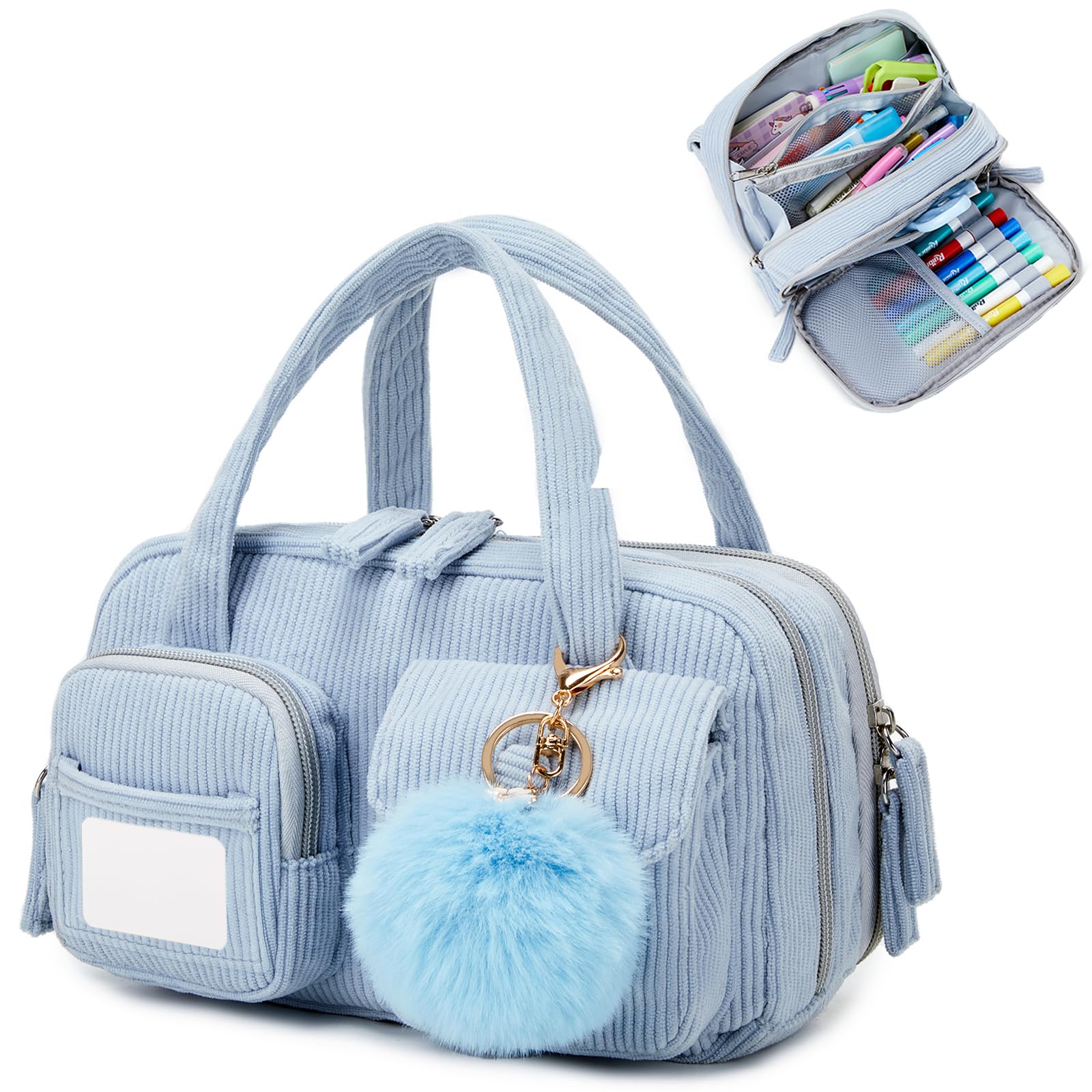 QIXIHU Pencil Case Corduroy Multiple Compartments Pouch Bag for Girl, Blue