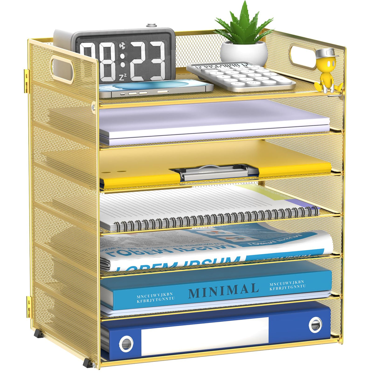 7 Tier Paper Organizer for Desk with Mesh Letter Trays and Handle Gold