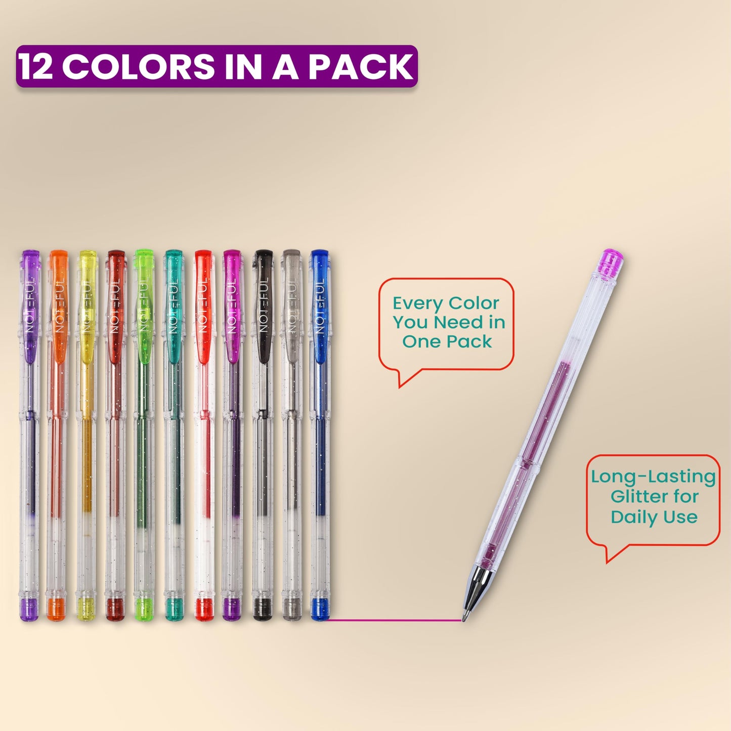 NOTEFUL Glitter Gel Pen Set – Smooth, Vibrant Ink for Art, Journaling, and Crafting with